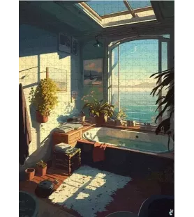 Puzzle Bain Voyons 1000 pièces Piece & Love – salle de bains lumineuse avec vue sur la mer – Assemblez-Moi Langon