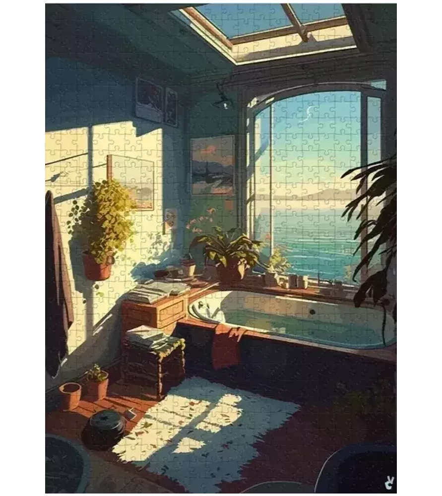 Puzzle Bain Voyons 1000 pièces Piece & Love – salle de bains lumineuse avec vue sur la mer – Assemblez-Moi Langon