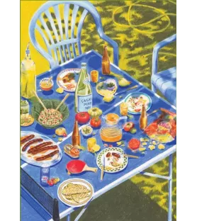 Puzzle Manger dehors – table dressée en extérieur, vaisselle colorée – disponible à Langon