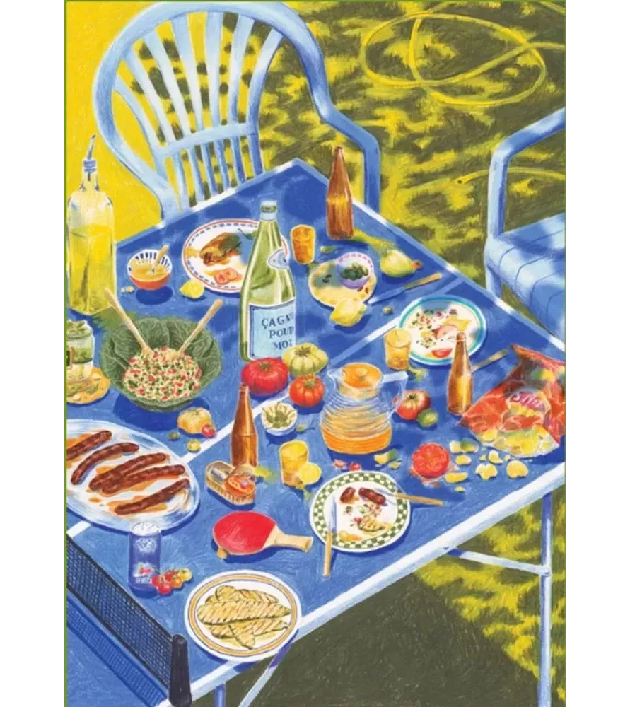 Puzzle Manger dehors – table dressée en extérieur, vaisselle colorée – disponible à Langon
