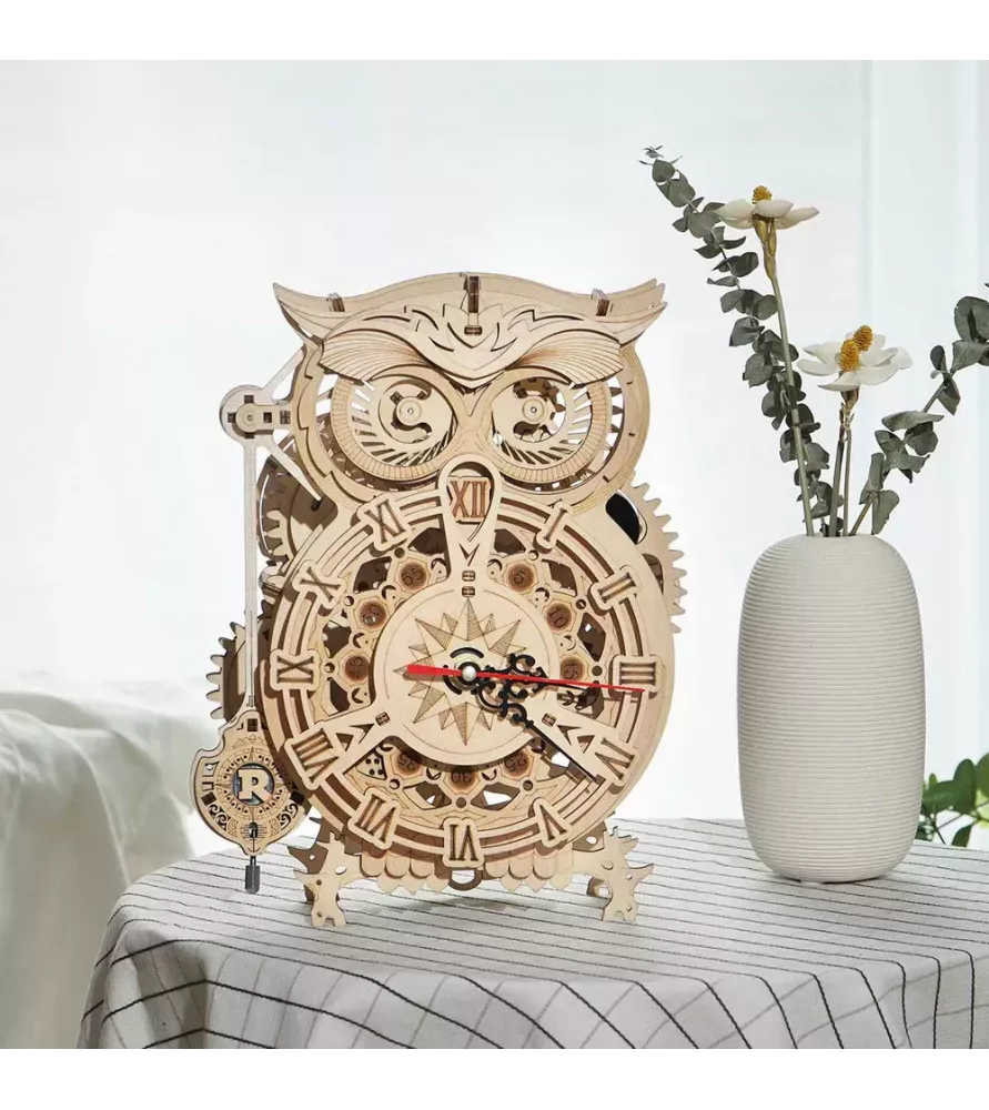 DIY Owl Clock ROKR – horloge hibou 3D en bois avec engrenages visibles et pendule – chez Assemblez-Moi
