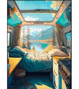 Puzzle Van Life ! Piece & Love – intérieur de van et paysage montagne – chez Assemblez-Moi