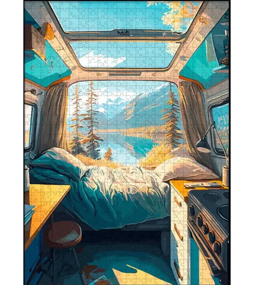 Puzzle Van Life ! Piece & Love – intérieur de van et paysage montagne – chez Assemblez-Moi