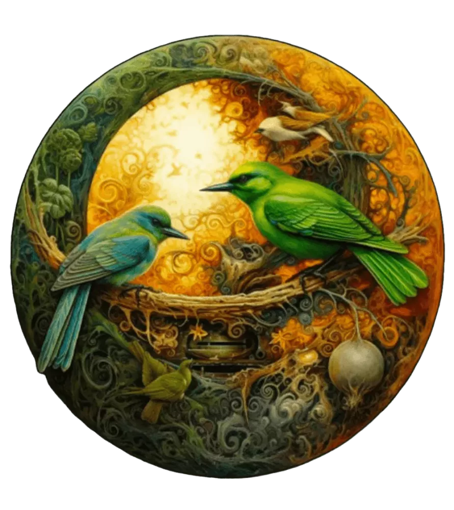 Puzzle Couple d’Oiseaux – oiseaux colorés autour d’un disque lumineux – chez Assemblez-Moi à Langon