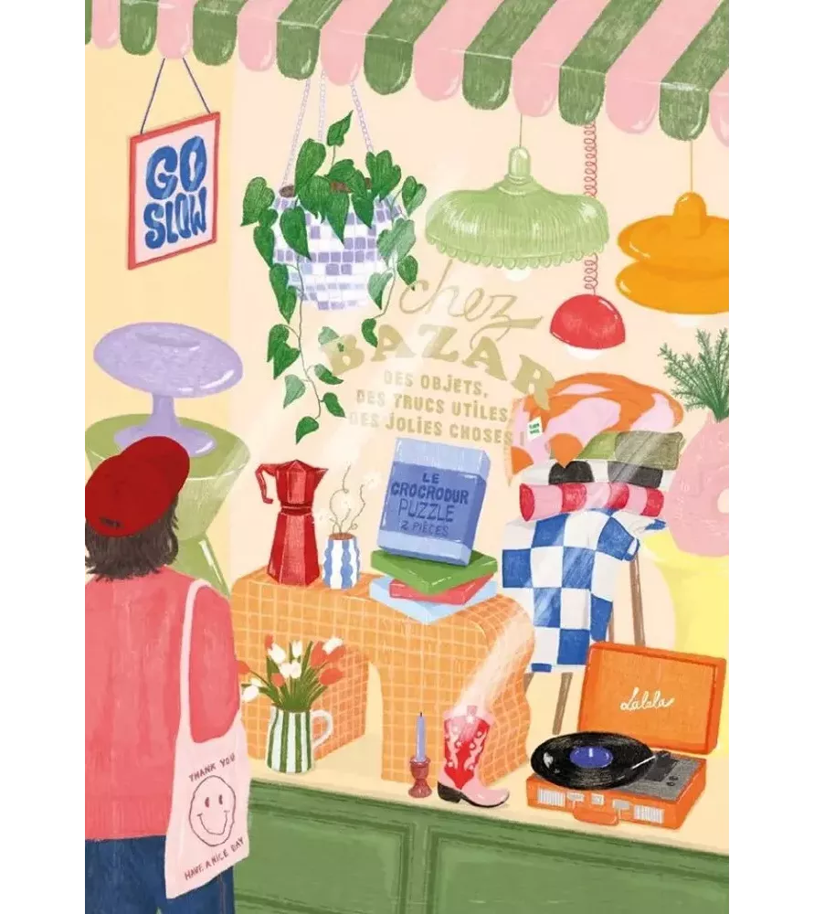 Puzzle Le lèche-vitrine – scène colorée devant une boutique illustrée – disponible à Langon