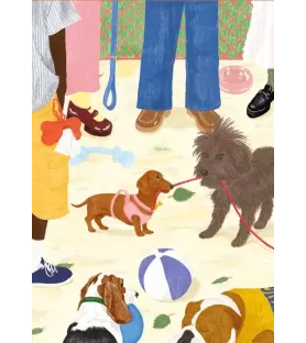 Mini puzzle Sortir le chien Jour Férié – scène vivante au parc avec chiens joueurs et laisses entremêlées – chez Assemblez-Moi.