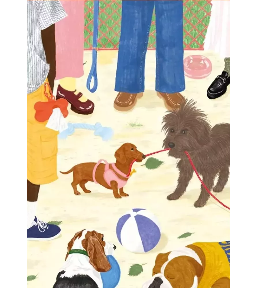 Mini puzzle Sortir le chien Jour Férié – scène vivante au parc avec chiens joueurs et laisses entremêlées – chez Assemblez-Moi.