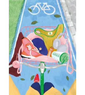 Puzzle Midi transpi – vue du panier de vélo plein d’objets – scène drôle et dynamique – chez Assemblez-Moi