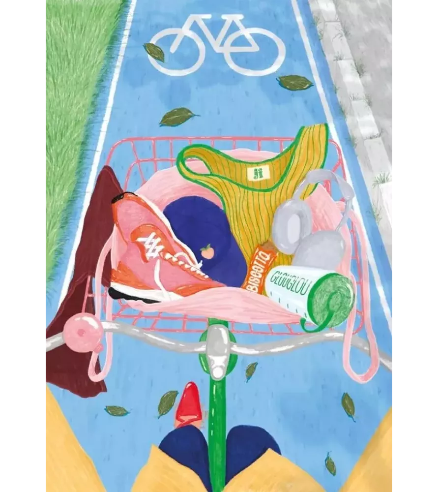 Puzzle Midi transpi – vue du panier de vélo plein d’objets – scène drôle et dynamique – chez Assemblez-Moi