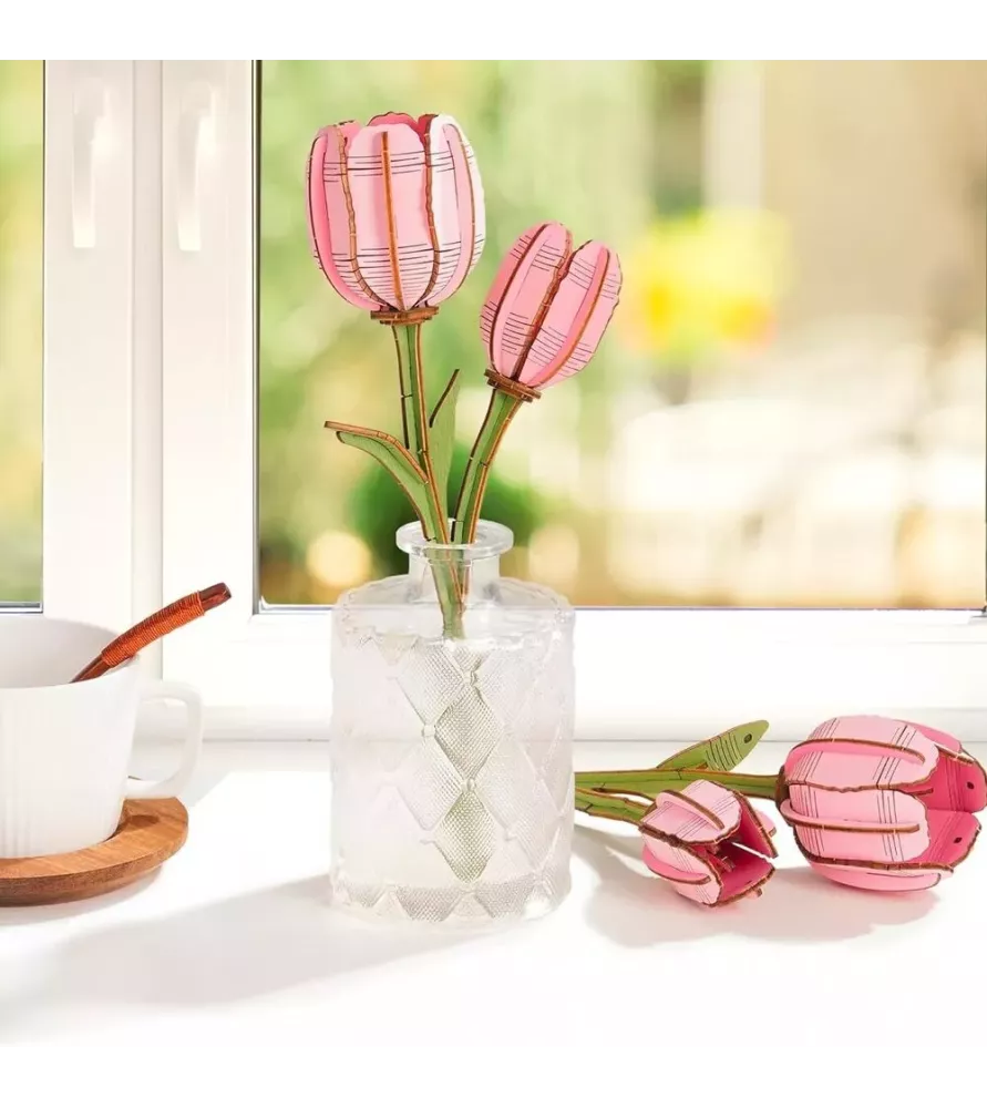 Tulipe Rose Rowood en bois – fleur décorative inspirée de la Tulipa gesneriana – chez Assemblez-Moi