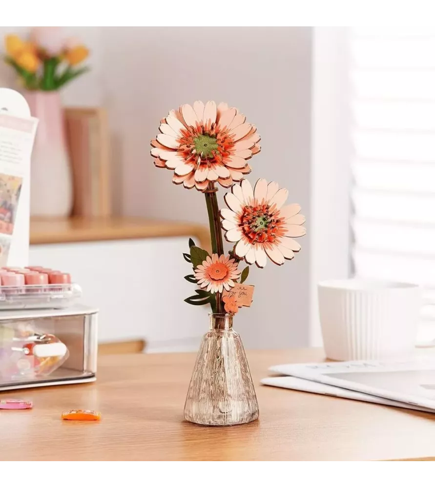 Gerbera Orange Clair Rowood en bois – fleur décorative inspirée du Gerbera jamesonii – chez Assemblez-Moi