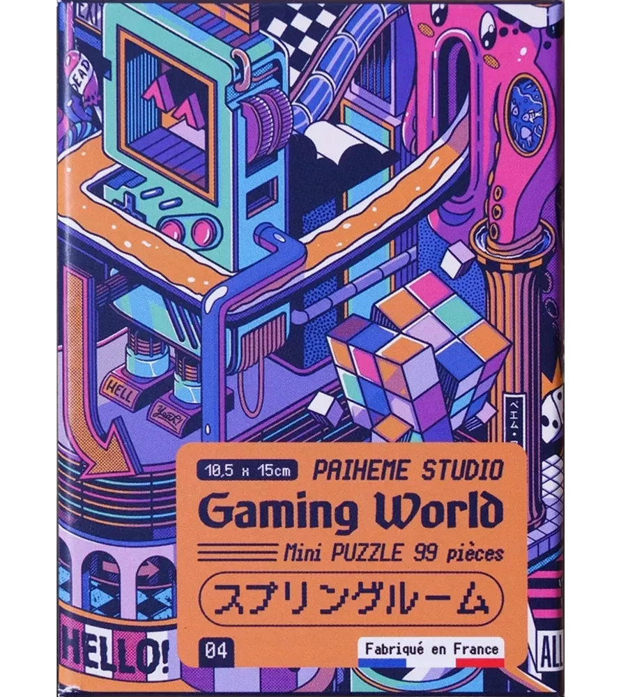 Mini Puzzle Gaming World (Paiheme Studio) – salle d’arcade néon et écran rétro – chez Assemblez-Moi
