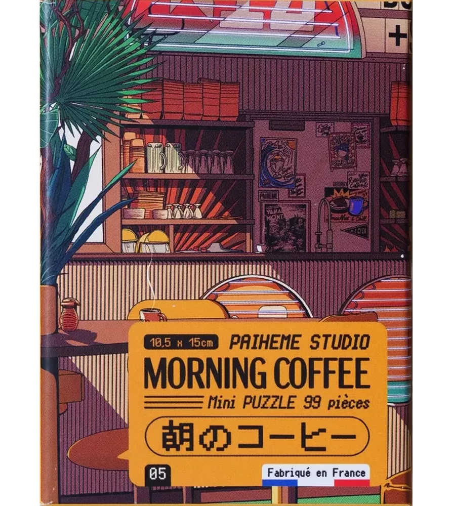 Mini Puzzle Morning Coffee (Paiheme Studio) – coffee shop cosy et banquettes rayées – chez Assemblez-Moi