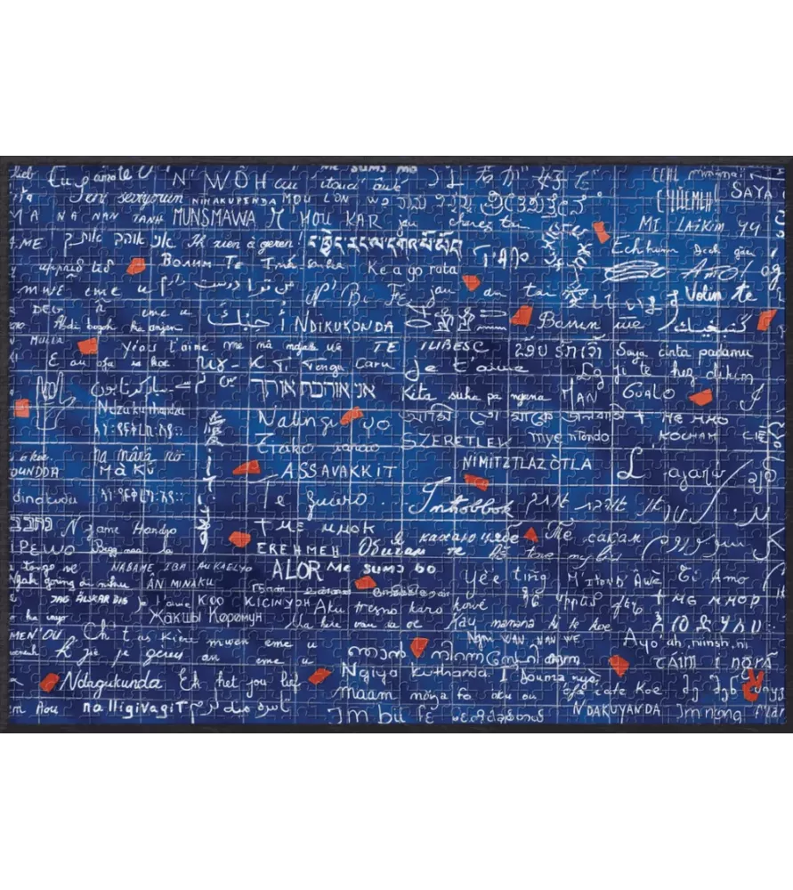 Puzzle Le Mur des Je t’aime Piece & Love – typographies blanches sur bleu, touches rouges – disponible à Langon