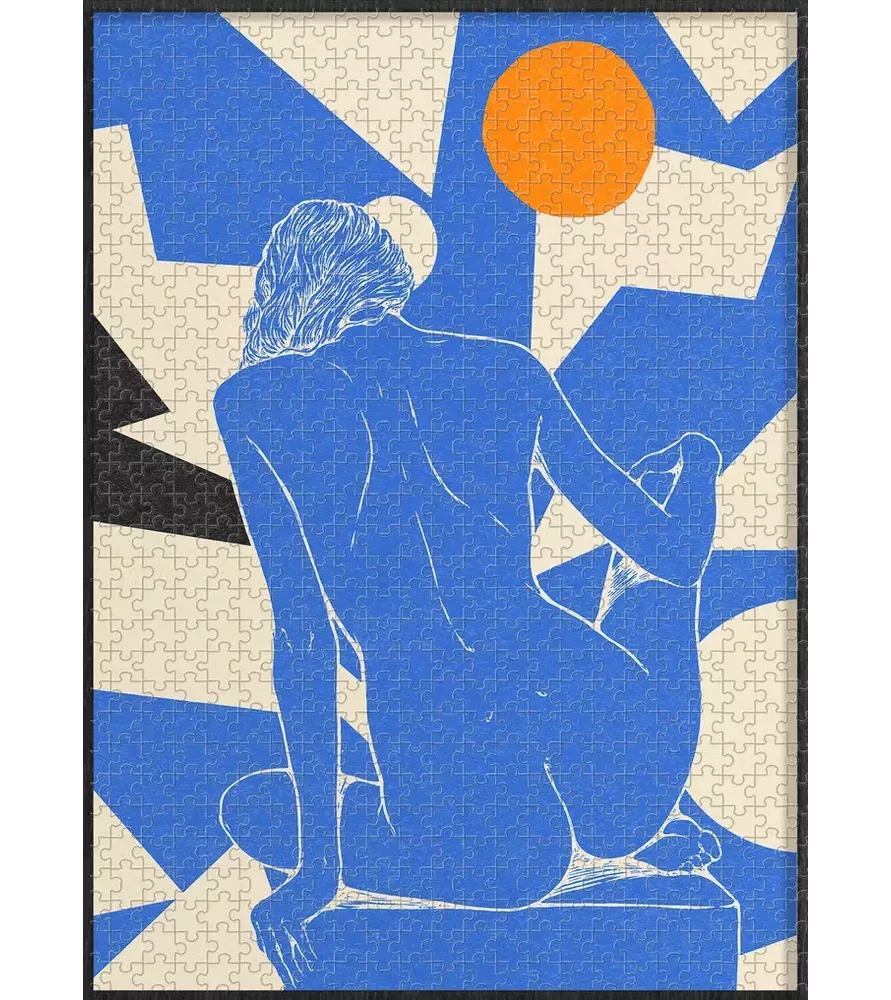 Puzzle Peau Bleue Piece & Love – silhouette bleu cobalt et soleil orange, art graphique – disponible à Langon