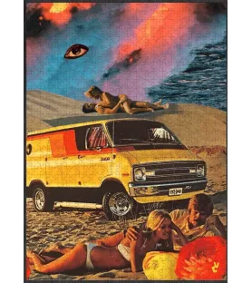 Puzzle Summer of Love Piece & Love – collage vintage, van rétro et plage – disponible à Langon