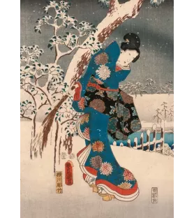 Puzzle Hiroshige Conte de Genji Piatnik – estampe japonaise avec kimono bleu et paysage enneigé – disponible à Langon