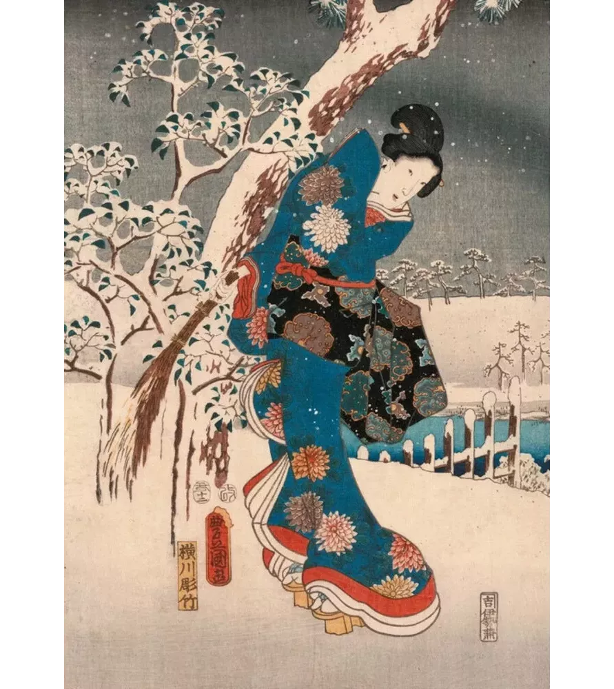 Puzzle Hiroshige Conte de Genji Piatnik – estampe japonaise avec kimono bleu et paysage enneigé – disponible à Langon