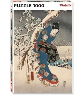 Puzzle Hiroshige Conte de Genji Piatnik – estampe japonaise avec kimono bleu et paysage enneigé – disponible à Langon
