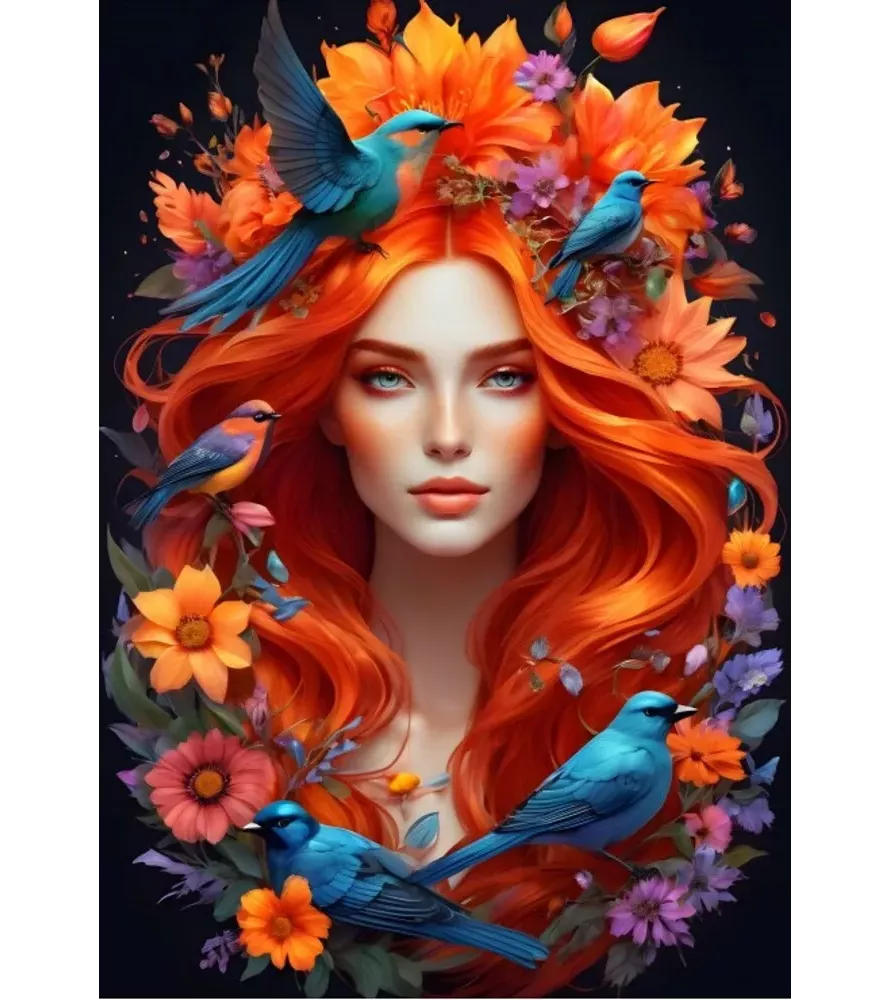 Puzzle Maia 1000 pièces Bluebird Puzzle – portrait féminin fleurs et oiseaux bleus – chez Assemblez-Moi