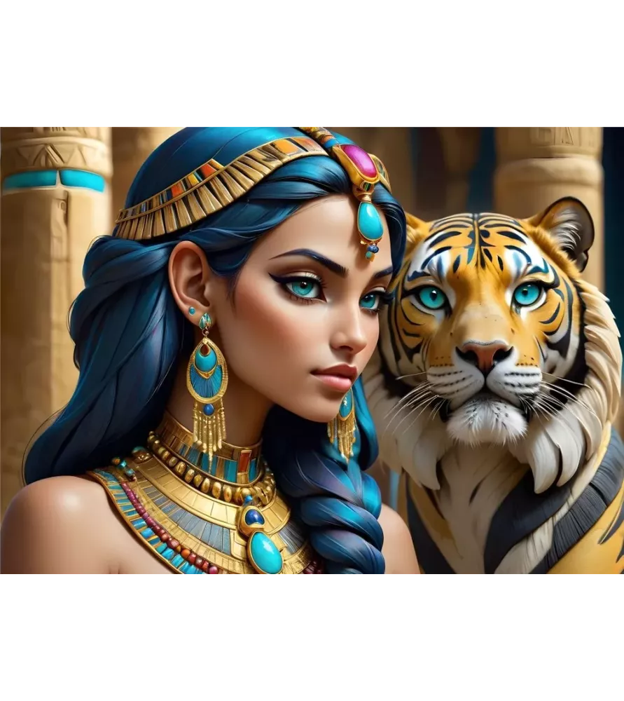 Puzzle Egyptian Friendship 300 pièces Bluebird Puzzle – princesse égyptienne et tigre majestueux – chez Assemblez-Moi