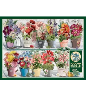 Puzzle Bouquet 1000 pièces (Cobble Hill) – étagères de pots fleuris colorés – chez Assemblez-Moi