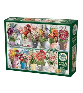 Puzzle Bouquet 1000 pièces (Cobble Hill) – étagères de pots fleuris colorés – chez Assemblez-Moi