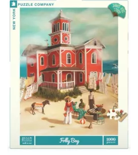 Puzzle Folly Bay 1000 pièces New York Puzzle Company – maison rouge en bord de mer et scène poétique – chez Assemblez-Moi