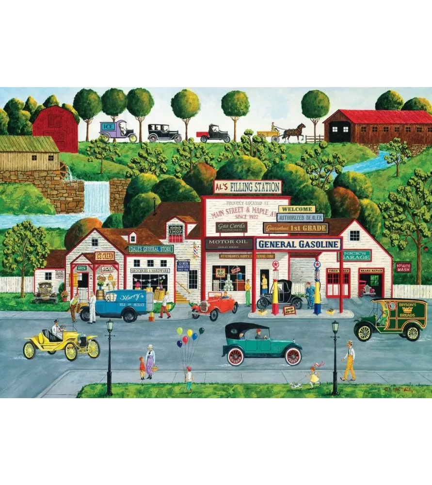 Puzzle The Old Filling Station 1000 pièces MasterPieces – station-service vintage et voitures anciennes – chez Assemblez-Moi