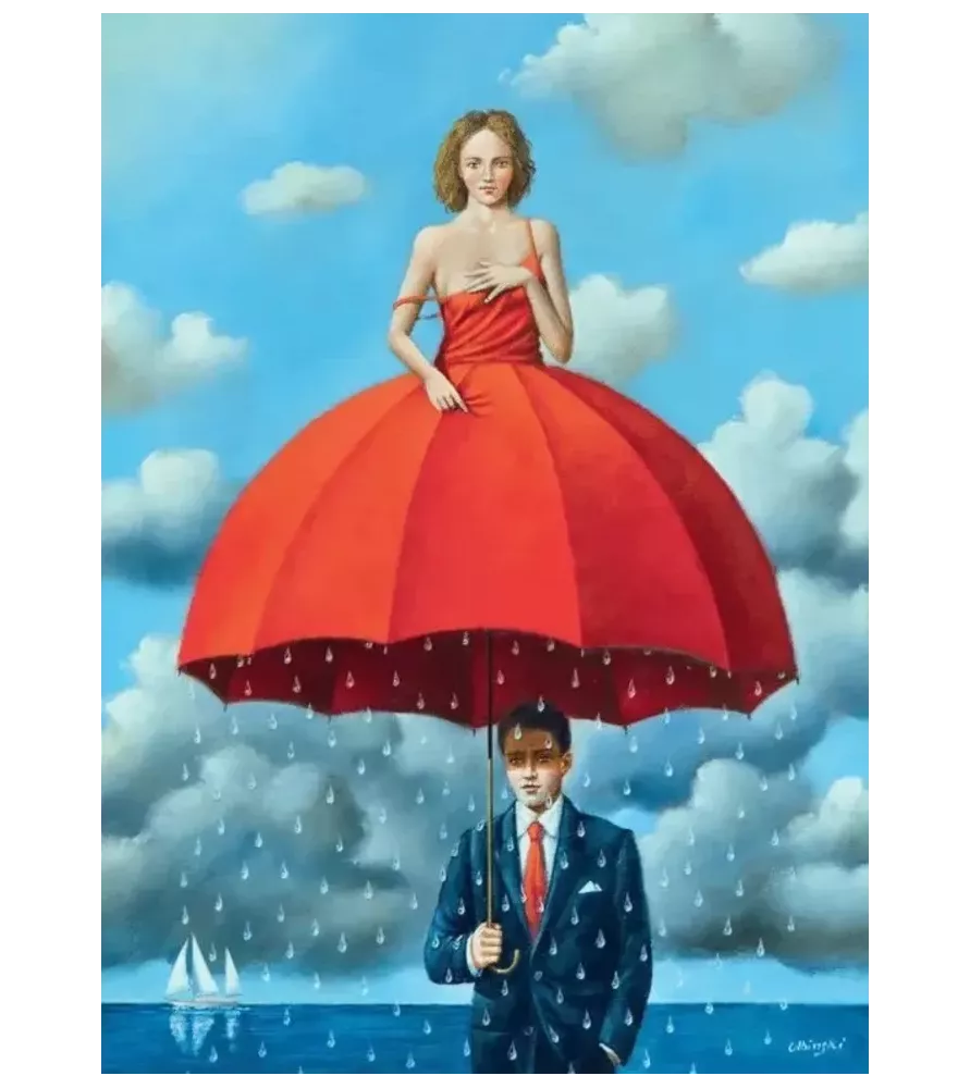 Puzzle Defence Against Banality Good Loot – portrait surréaliste sous parapluie rouge – disponible à Langon