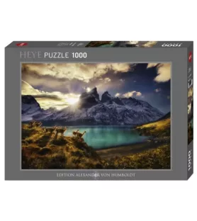 Puzzle Guanacos Heye – paysage de montagne avec lac turquoise et troupeau au premier plan – disponible à Langon