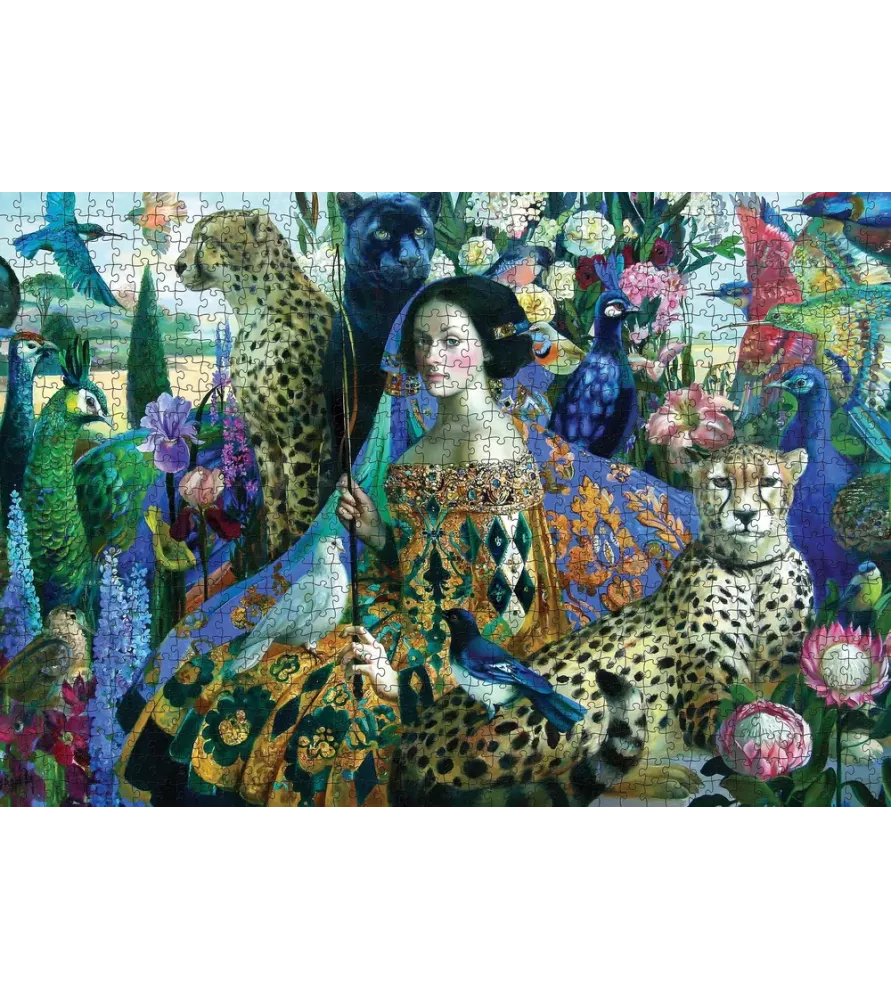Puzzle The Tamer 1000 pièces Pomegranate – portrait féminin, guépards et paons – chez Assemblez-Moi