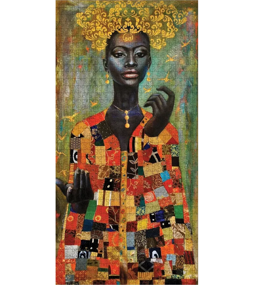 Puzzle Her Coat of Many Colors 1000 pièces Pomegranate – portrait féminin et manteau patchwork – chez Assemblez-Moi