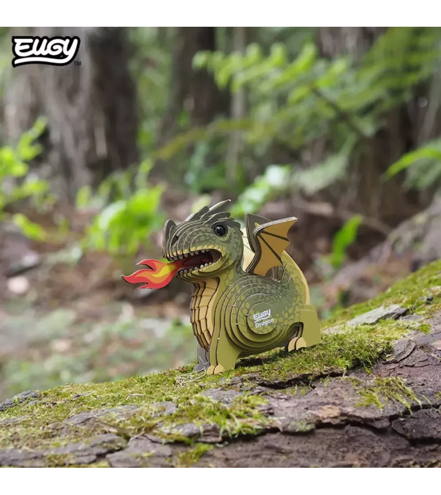 DIY Dragon EUGY – petit dragon vert en maquette 3D carton avec flamme – chez Assemblez-Moi