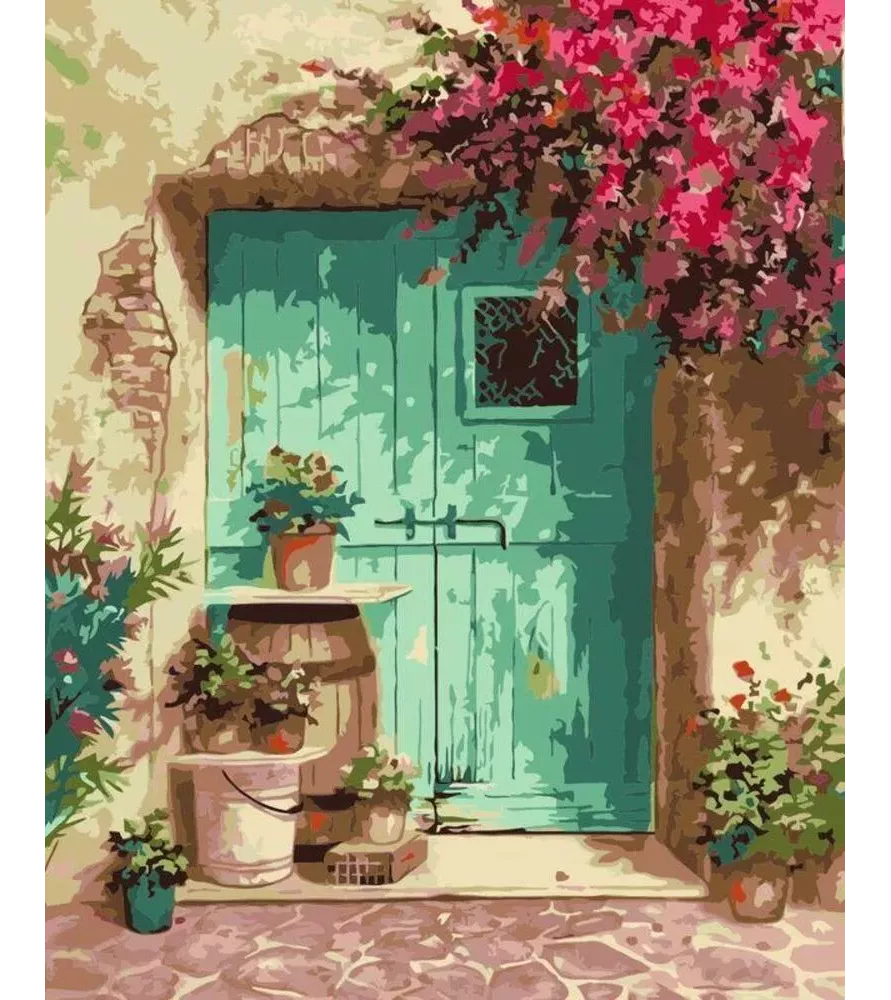 Peinture par Numéros Entrée Fleurie Figured'Art – porte turquoise fleurs ambiance méditerranéenne – chez Assemblez-Moi