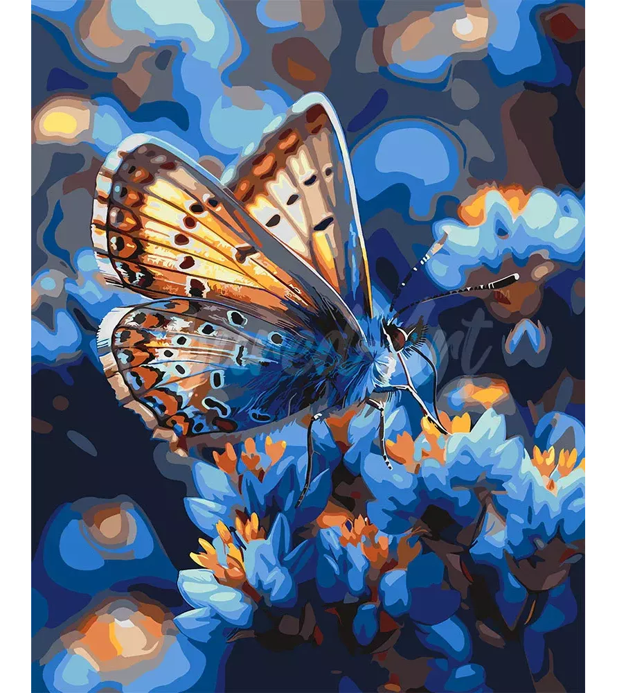 Peinture par Numéros Papillons et Fleurs Bleues Figured'Art – papillon ailes détaillées fleurs bleues – chez Assemblez-Moi