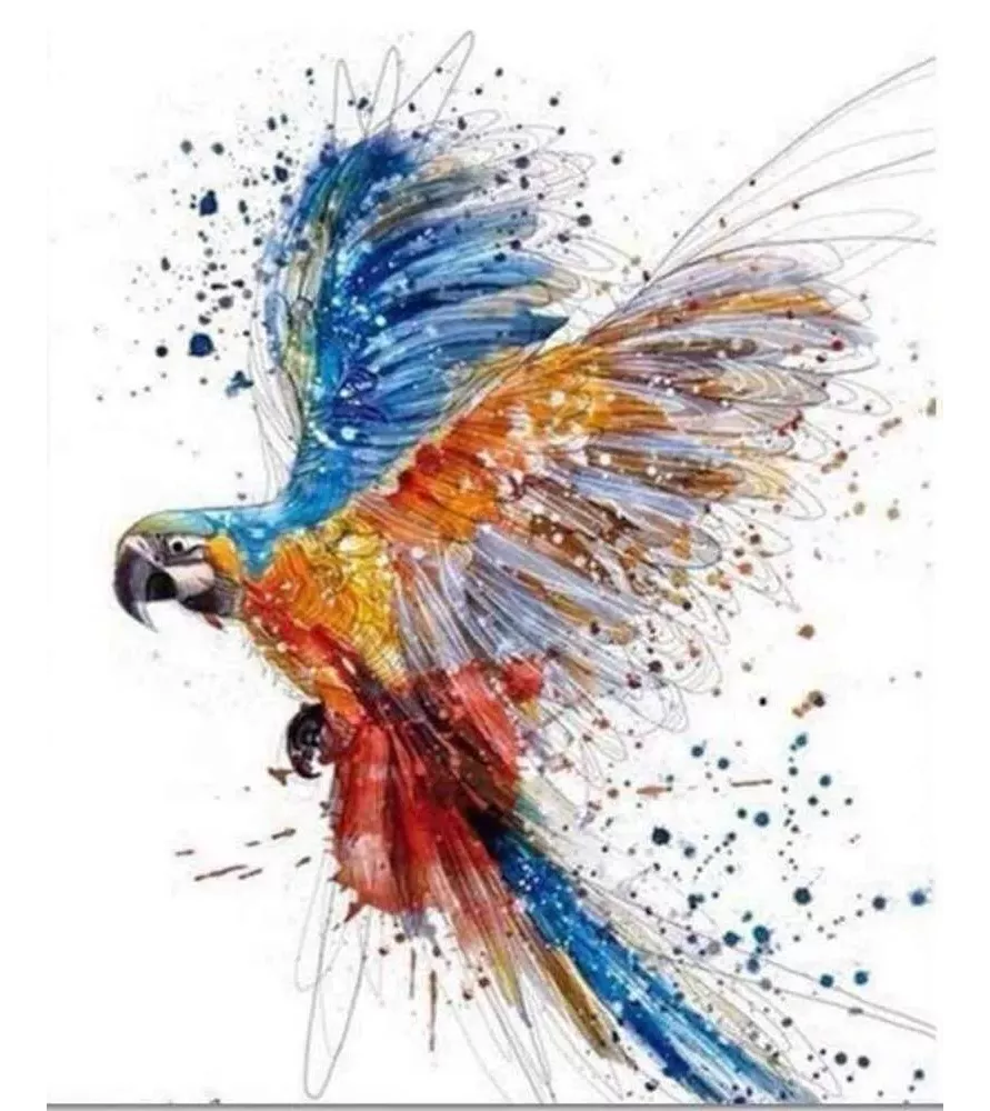 Peinture par Numéros Perroquet en Plein Vol Figured'Art – oiseau coloré ailes déployées style artistique – chez Assemblez-Moi