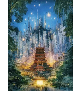 Puzzle Cities Portal Heye – ville futuriste verticale avec temple rouge et lumière néon – disponible à Langon