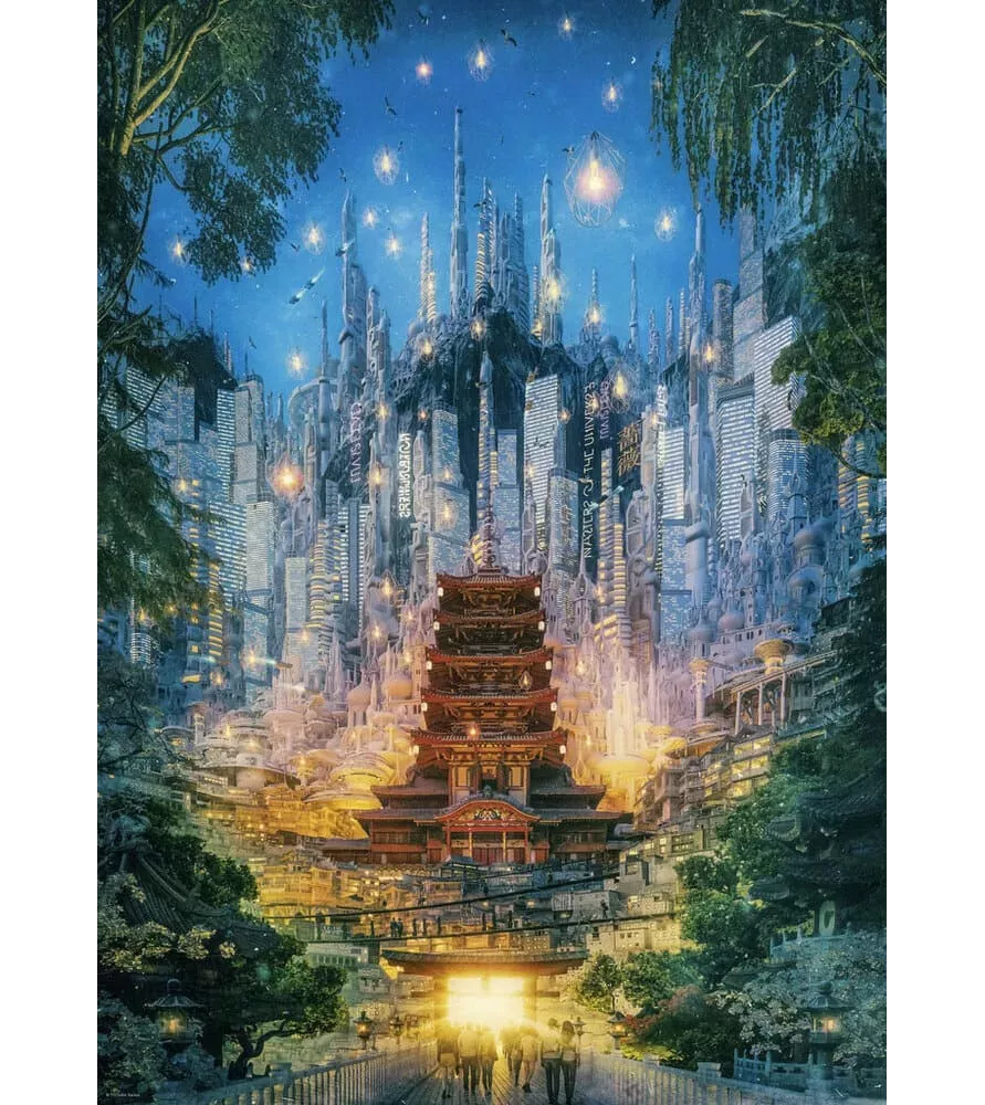 Puzzle Cities Portal Heye – ville futuriste verticale avec temple rouge et lumière néon – disponible à Langon