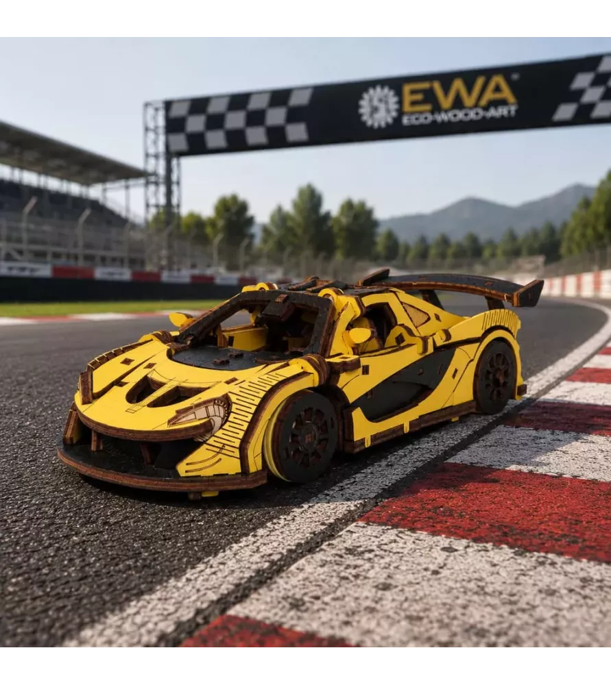 DIY Racing Car jaune EWA Eco-Wood-Art – voiture de course en bois sur circuit chez Assemblez-Moi