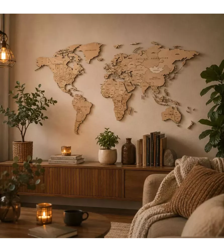 Carte du Monde suspendue EWA Eco-Wood-Art – décoration murale en bois chez Assemblez-Moi