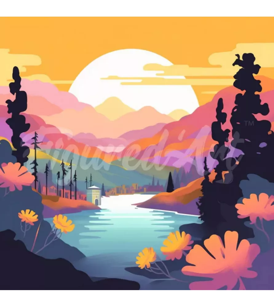 Diamond Painting Coucher de Soleil Coloré au Bord du Lac – paysage pastel Figured'Art – chez Assemblez-Moi