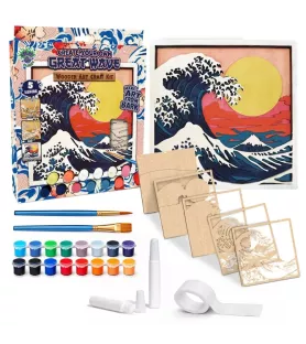 Kit Art en Bois Grande Vague Splat Planet – œuvre 3D à peindre inspirée du Japon – Assemblez-Moi