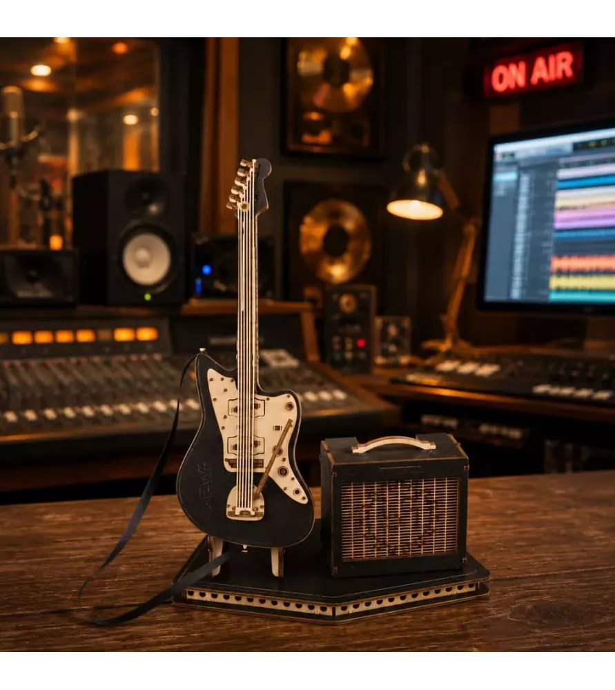 DIY Guitare Rock noir EWA Eco-Wood-Art – guitare miniature en bois avec amplificateur chez Assemblez-Moi