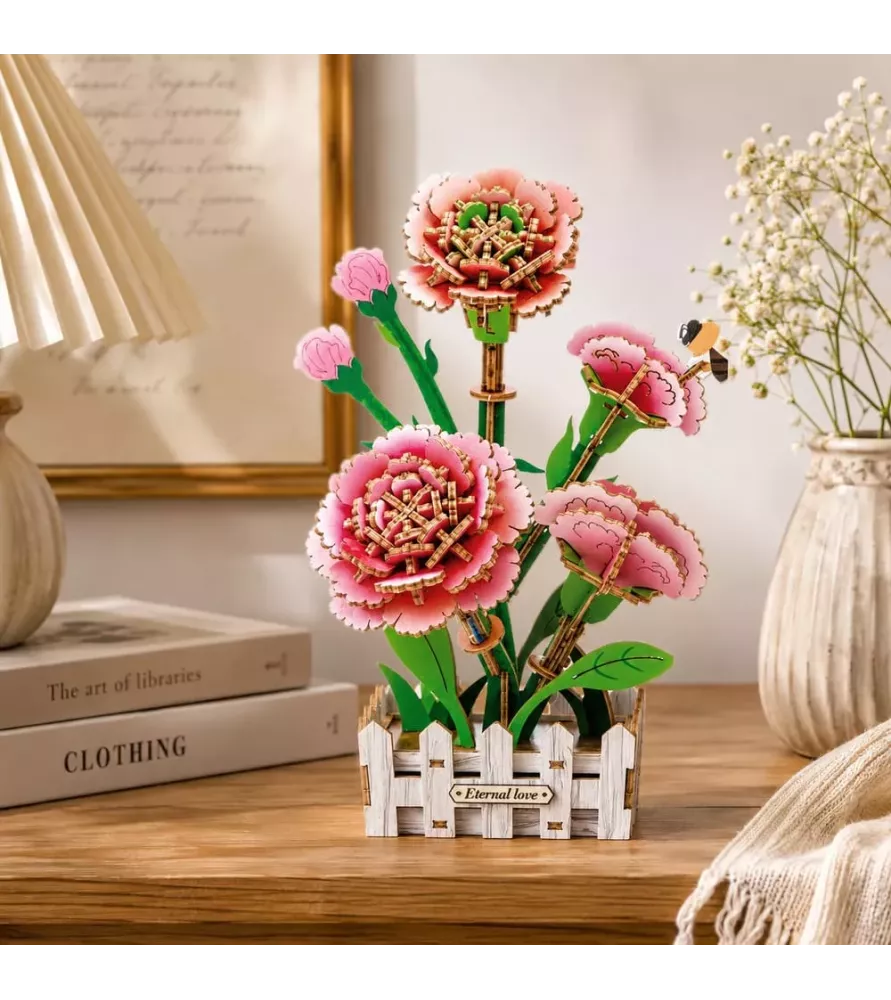 Fleur 3D Œillets roses PlayfullMario – composition florale en bois chez Assemblez-Moi