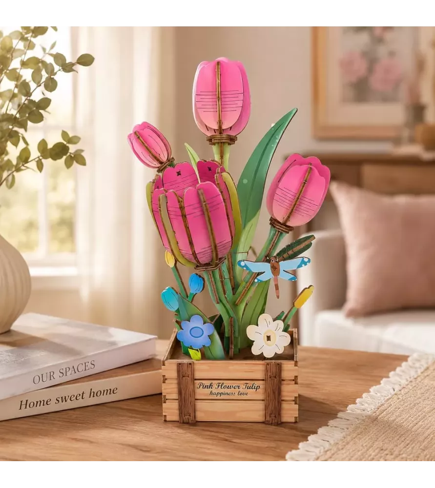 Fleur 3D Tulipes roses PlayfullMario en bois à assembler chez Assemblez-Moi