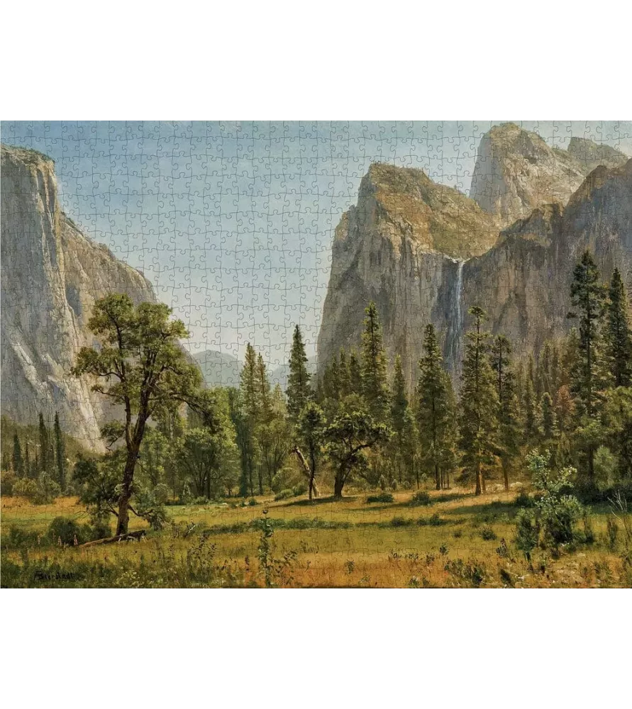Puzzle Bridal Veil Falls 1000 pièces Pomegranate – vallée de Yosemite et cascade d’Albert Bierstadt – chez Assemblez-Moi