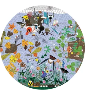 Puzzle Seasons 1000 pièces Pomegranate – composition circulaire d’oiseaux, fleurs de Charley Harper – chez Assemblez-Moi