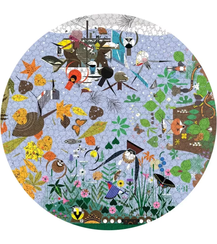 Puzzle Seasons 1000 pièces Pomegranate – composition circulaire d’oiseaux, fleurs de Charley Harper – chez Assemblez-Moi