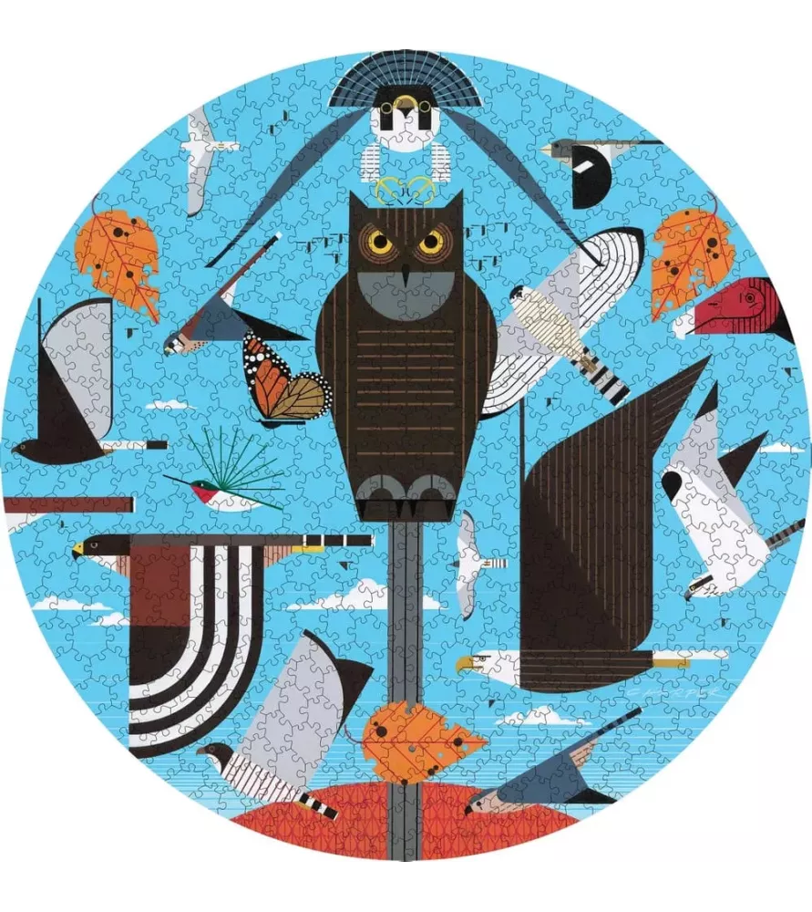 Puzzle Hawk Mountain 500 pièces Pomegranate – composition circulaire d'oiseaux de Charley Harper – chez Assemblez-Moi